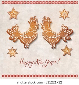 New year greeting card with realistic rooster gingerbread cookie. Chinese symbol of 2017