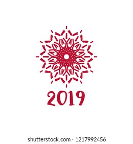 New Year greeting card with red geometric ornament on white background. Inscription - 2019