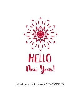 New Year greeting card with red geometric ornament on white background. Inscription - Hello New Year
