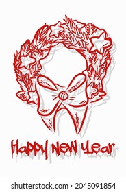 New Year greeting card in red color. New Year's wreath with a bow.  Hand drawn