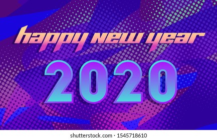 New Year greeting card in retro synthesizer wave style. 2020 calendar numbers. Vector New Year illustration. Design for invitations, calendar, greeting cards.