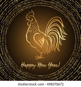 New Year greeting card with Rooster. Chinese new year 2017 - Rooster Year. Gold Rooster. Vector illustration
