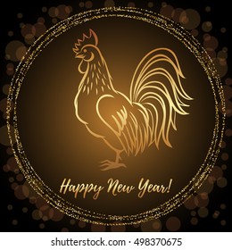 New Year greeting card with Rooster. Chinese new year 2017 - Rooster Year. Gold Rooster. Vector illustration
