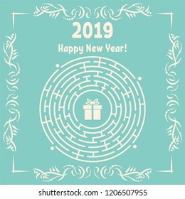 New Year greeting card with a round labyrinth. Find the right path to the gift. Game for kids. Puzzle for children. Labyrinth conundrum. Vector illustration. With frame in vintage style.