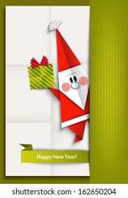 New year greeting card Santa Claus made in origami style, vector illustration