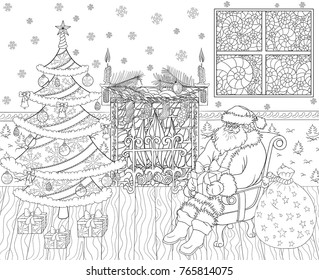 New Year greeting card with Santa Claus and Christmas Tree. Christmas decorated interior. Vector stock  doodle coloring book.