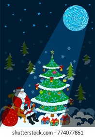 New Year greeting card with Santa Claus, Christmas tree and doodle moon. Moonlight at midnight in the forest.