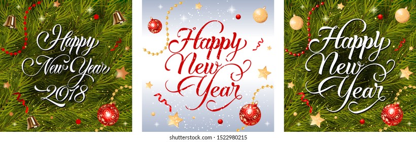 New Year greeting card set. Calligraphic font, fir tree, ornament, baubles, bells, stars, streamer, lights. Vector illustration for festive posters, postcards, flyers