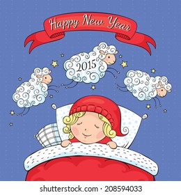 New year greeting card with sheep and child vector illustration 