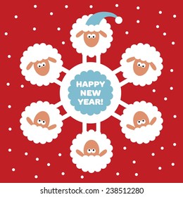 new year greeting card with sheep in christmas hat