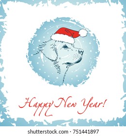 New year greeting card with sketch of dog's muzzle in red Santa's hat on blue grunge circle, Hand drawn vector illustration