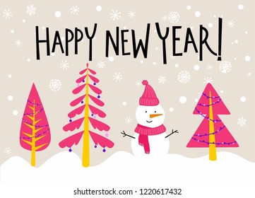 New Year greeting card with snowman, christmas trees and snowflakes