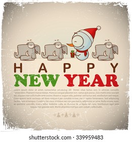New Year greeting card with snowman and elephants. Vector illustration