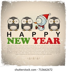 New Year greeting card with snowman and penguin. Vector illustration