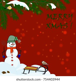 New Year greeting card with snowman, fir branches and snowdrifts