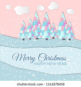 New year greeting card with snowy forest. Christmas winter illustration. Paper cut design