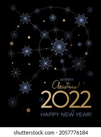 Tarjeta de saludo de Año Nuevo. Espiral 2022. Fondo de Navidad con copos de nieve. FELICES VACACIONES DE INVIERNO. 