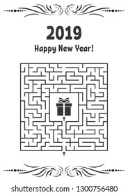 Neujahrsgrußkarte mit quadratischem Labyrinth. Finden Sie den richtigen Weg zum Geschenk. Spiel für Kinder. Puzzle für Kinder. Labyrinth-Rätsel. Vektorgrafik. Mit Rahmen im Vintage-Stil.