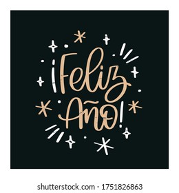 New year greeting card square design translation in Spanish, latin language with stars and snowflakes. Modern calligraphy gold text and festive decorative filling objects on a black background.