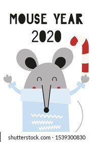 New year greeting card with symbol 2020 - cute mouse or rat holding candy cane. Hand drawn design elements. Vector illustration. Great for xmas greeting, holidays postcard. Lettering Mouse year.