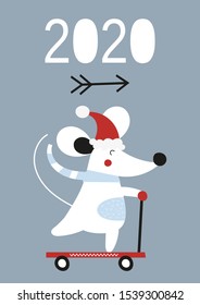 New year greeting card with symbol 2020 - cute white mouse or rat riding a scooter. Hand drawn design elements. Vector illustration. Great for xmas greeting, holidays postcard.