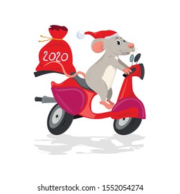 New year greeting card with symbol 2020 - cute grey mouse or rat riding a scooter with a bag of gifts. Vector illustration.