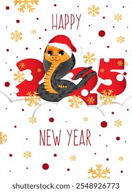 New year greeting card with symbol of the 2025 year. Cute snake on white background. Design for print, social media communication.