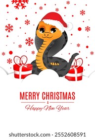 New year greeting card with symbol of the 2025 year. Cute snake with gifts on white background. Design for print, poster, social media communication.