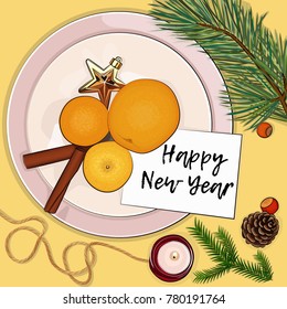 A New Year Greeting Card with tangerines, oranges, cinnamone