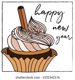 
New Year greeting card . Tasty chocolate cupcake on white background. vector 