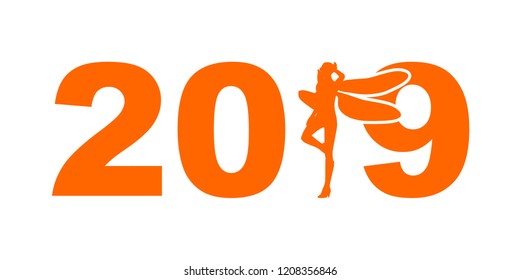 New Year greeting card template. 2019 year number with woman dragonfly silhouette. Brochure or report design template.