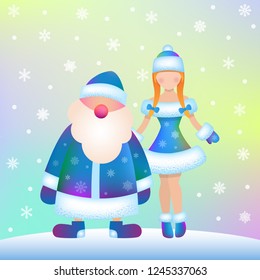 New Year greeting card template. Father Frost and Snow Maiden, Ded Moroz and Sneguroschka. Christmas gift card with Russian Santa Claus. Winter holiday design concept on vibrant gradient background