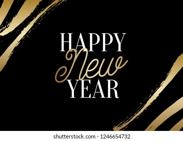 New Year greeting card template with shiny golden brush strokes and text Happy New Year in white and gold on black background. Elegant festive vector flyer, brochure, poster, social media post design.