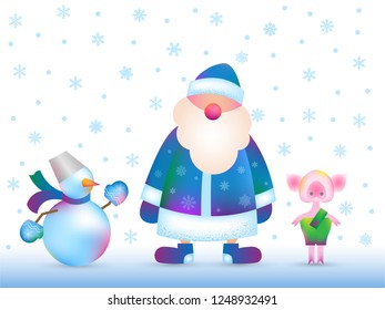 New Year greeting card template. Father Frost, Russian Santa Claus, Ded Moroz, Snowman and Piggy. Christmas gift card with New Year symbols. Winter holiday design concept in vibrant gradient style