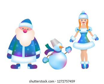 New Year greeting card template. Father Frost, Russian Santa Claus, Ded Moroz, Snowman and Snow Maiden. Christmas gift card with New Year symbols. Winter holiday design concept in vibrant gradient 