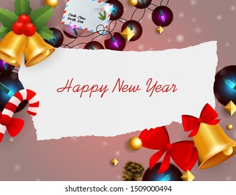 New Year greeting card template with bells, bows, postcard, fairy lights on blurred red background. Vector illustration for festive posters, invitations and postcards design