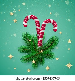 New Year Greeting Card Template. Christmas Candy with New Year Tree Branches and Golden Snowflakes with Glitter and Stars on Background in Green Colors. Vector illustration