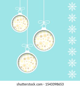 New Year greeting card template. Holiday decoration element. Cut paper Christmas balls in blue background with snowflake. Vector illustration