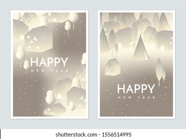 New year greeting card template design, polygon paper houses and tents with snow