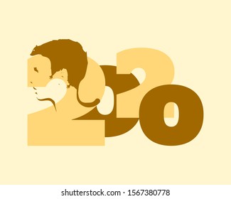 New Year greeting card template. 2020 year number. Brochure or report design template. Optical illusion. Human head with abstract rat as haircut