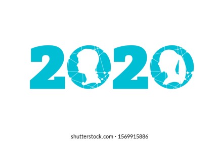 New Year greeting card template. 2020 year number. Brochure or report design template. Man and woman silhouettes.