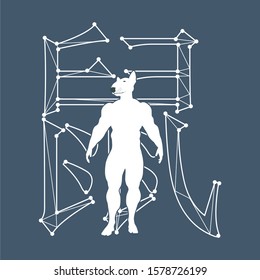 New Year greeting card template. Brochure or report design template. Chinese hieroglyph that mean rat. Rat silhouette with human body