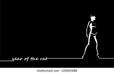 New Year greeting card template. 2020 year number. Brochure or report design template. Chinese hieroglyph that mean rat. Rat silhouette with human body. Woman in swimsuit