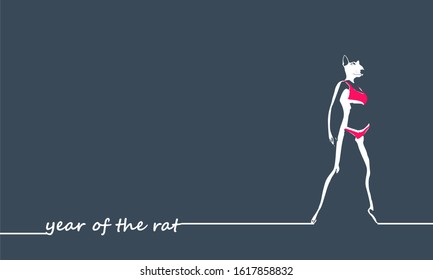 New Year greeting card template. 2020 year number. Brochure or report design template. Rat silhouette with human body. Woman in swimsuit
