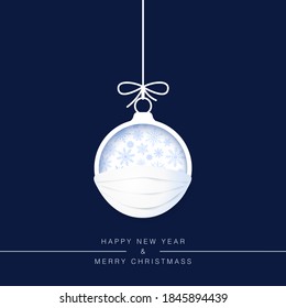 New Year Greeting Card Template. Paper cut Christmas ball in face mask symbol safety and protection by virus. Stop pandemic and happy holidays. Vector