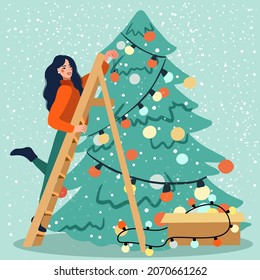 New Year greeting card template, trending retro style. Woman decorating a Christmas tree, vector illustration