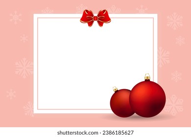 New Year greeting card template for text with Christmas balls and bow. Banner, flyer. Vector