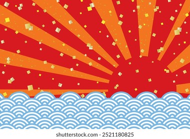 New Year greeting card template with gold leaf and scattering of the first sunrise and blue sea waves