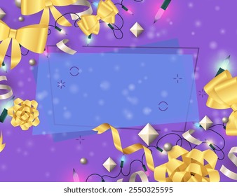 New Year greeting card template with ribbons, bows and fairy lights on abstract background. Vector illustration for festive posters, invitations and postcards design