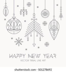 New Year greeting card template with hanging decorations and snowflakes. Creative tribal line style design elements. Minimalistic outlined winter holidays graphics. Monochrome